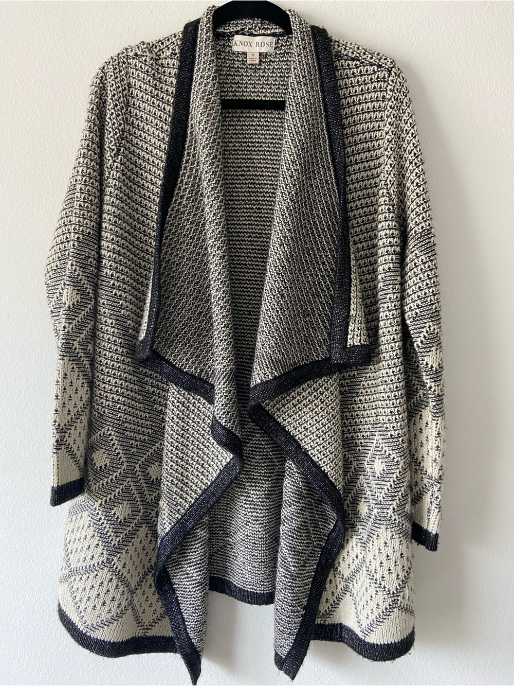 Knox Rose Open Front Knit Cardigan Sweater Black Cream Boho Tribal Drape Size M